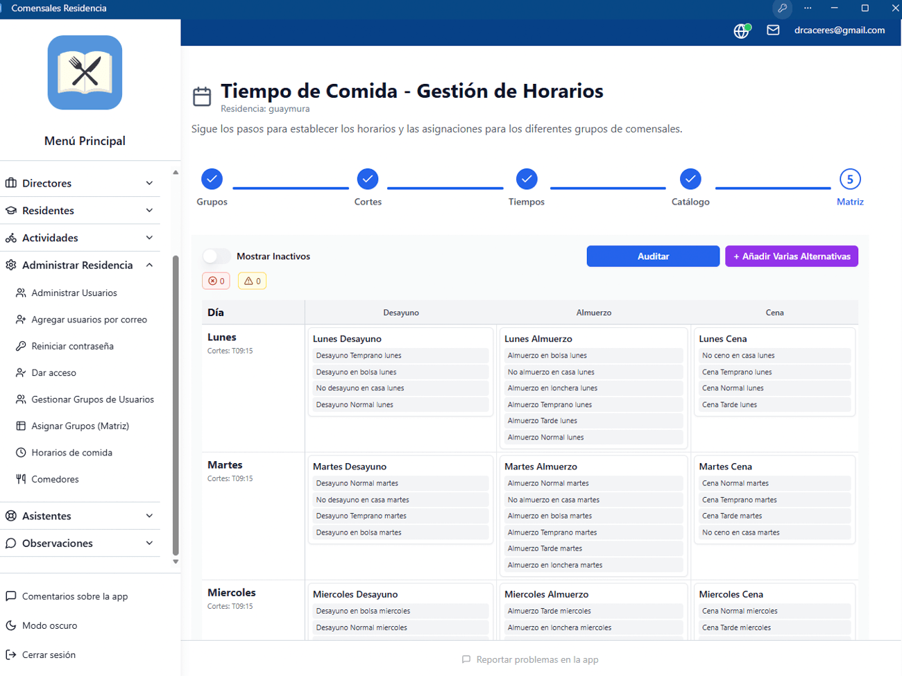 Captura de Comensales mostrando la gestión de horarios en una interfaz adaptable.
