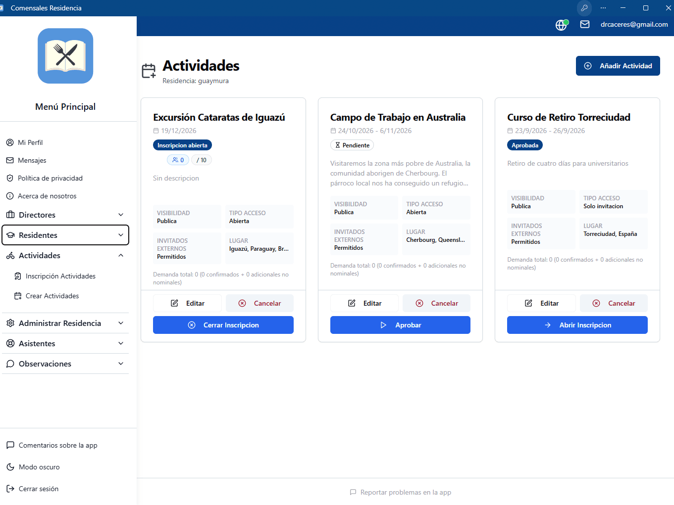 Captura de Comensales con la gestión de actividades, inscripciones y aprobaciones.