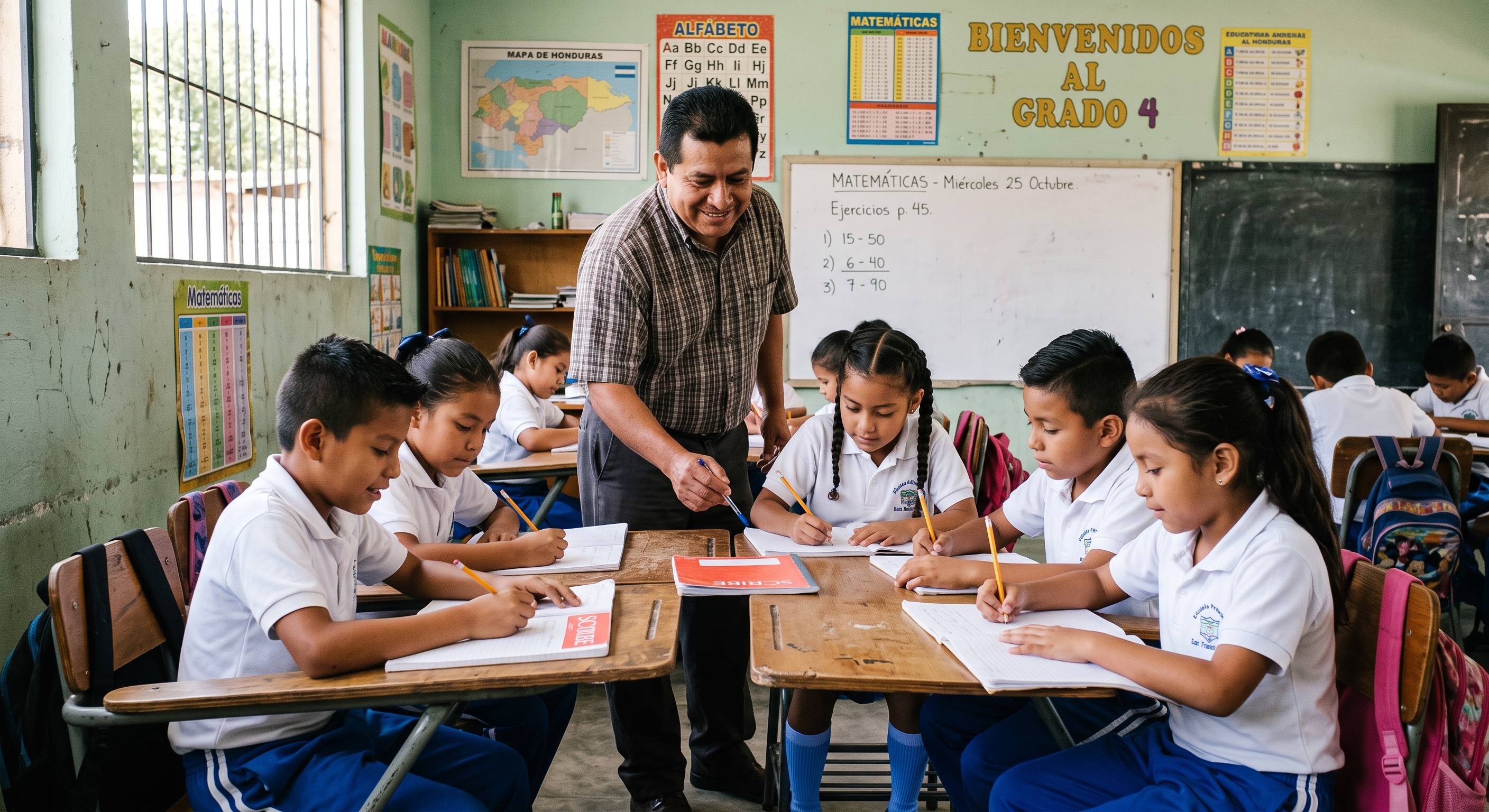 Docente acompañando a estudiantes en un aula de primaria.