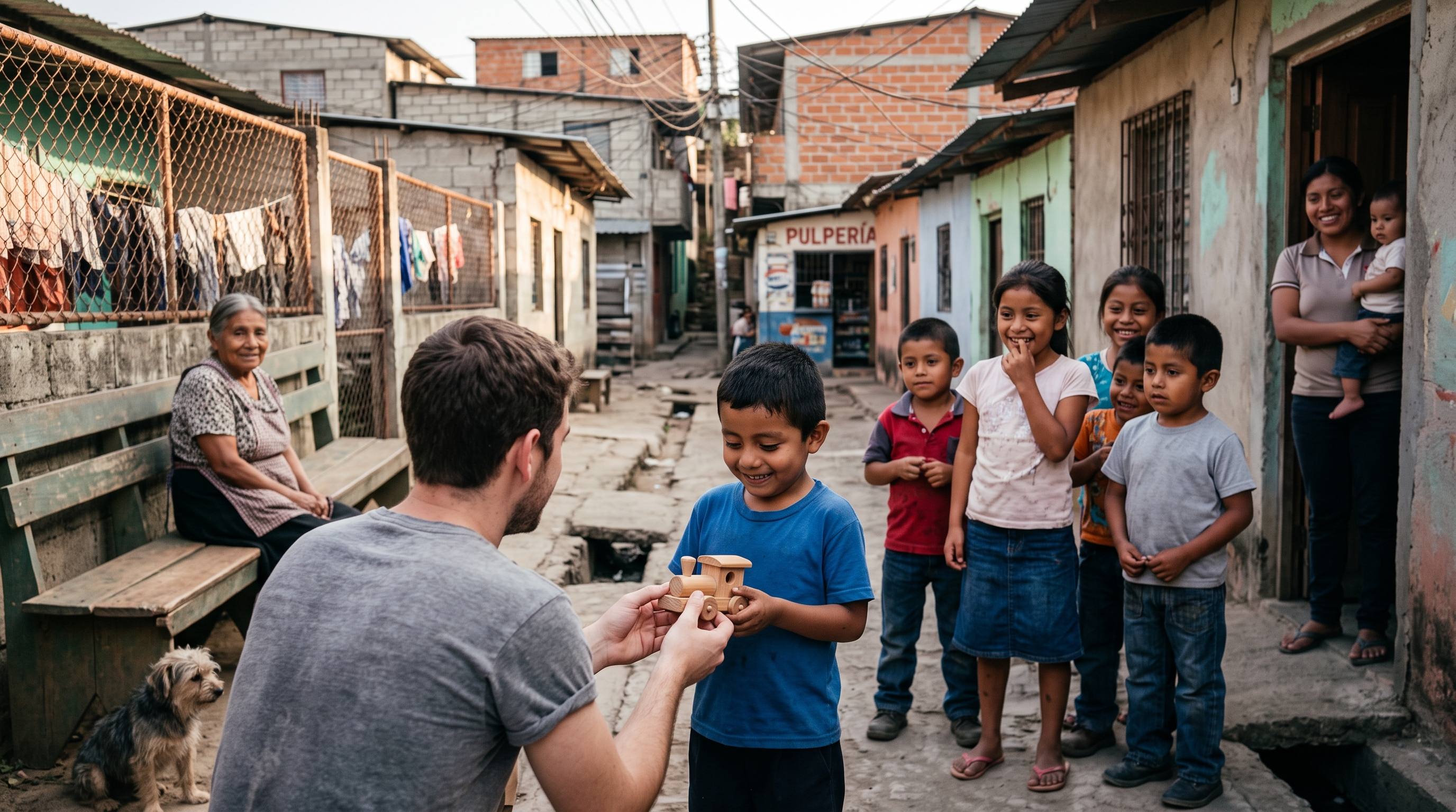 Voluntario compartiendo un momento con niños en un proyecto comunitario.