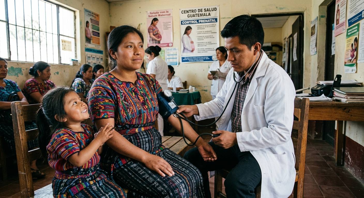 Profesional de salud atendiendo a una familia en un centro comunitario.